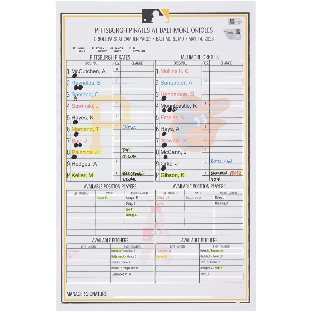 Pittsburgh Pirates Game-Used Lineup Card vs. Baltimore Orioles on May 14, 2023