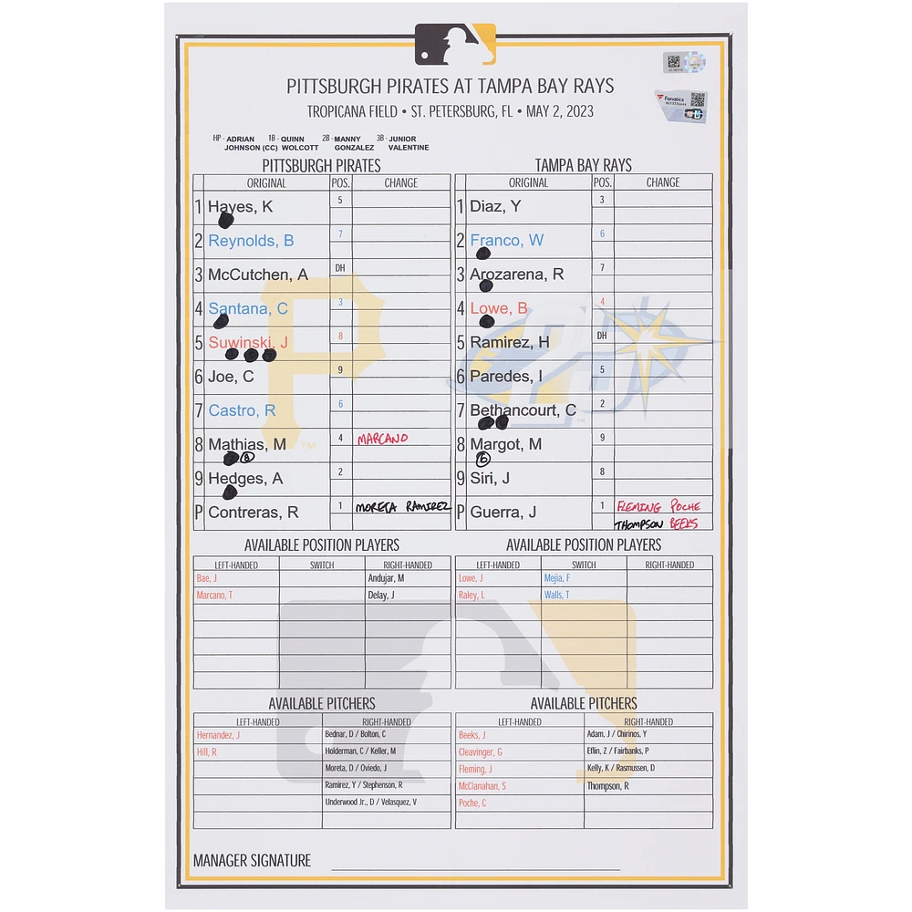 Pittsburgh Pirates Game-Used Lineup Card vs. Tampa Bay Rays on May 2, 2023