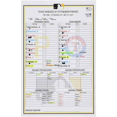 Pittsburgh Pirates Game-Used Lineup Card vs. Texas Rangers on May 23, 2023