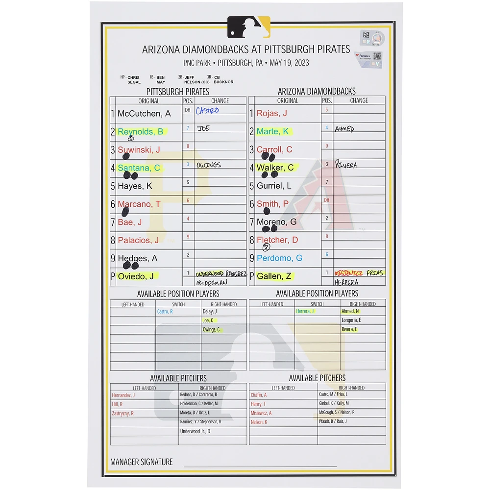 Pittsburgh Pirates Game-Used Lineup Card vs. Arizona Diamondbacks on May 19, 2023