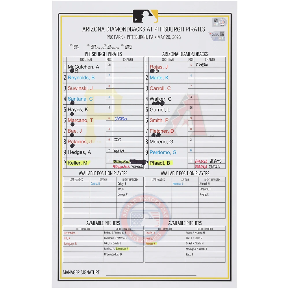 Pittsburgh Pirates Game-Used Lineup Card vs. Arizona Diamondbacks on May 20, 2023