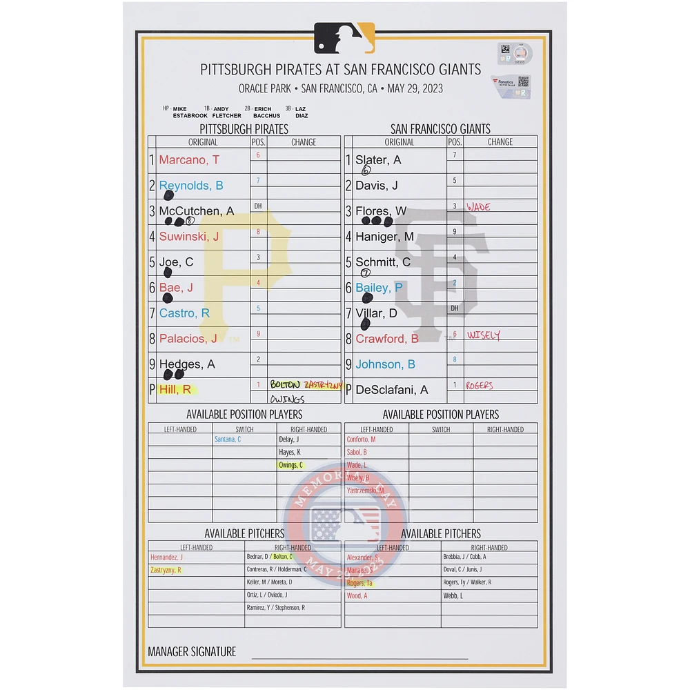 Pittsburgh Pirates Game-Used Lineup Card vs. San Francisco Giants on May 29, 2023