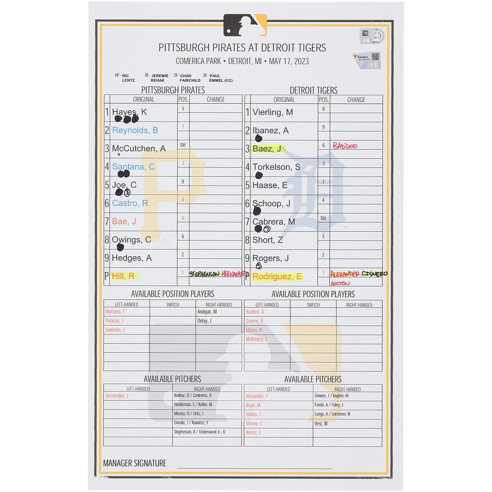 Pittsburgh Pirates Game-Used Lineup Card vs. Detroit Tigers on May 17, 2023