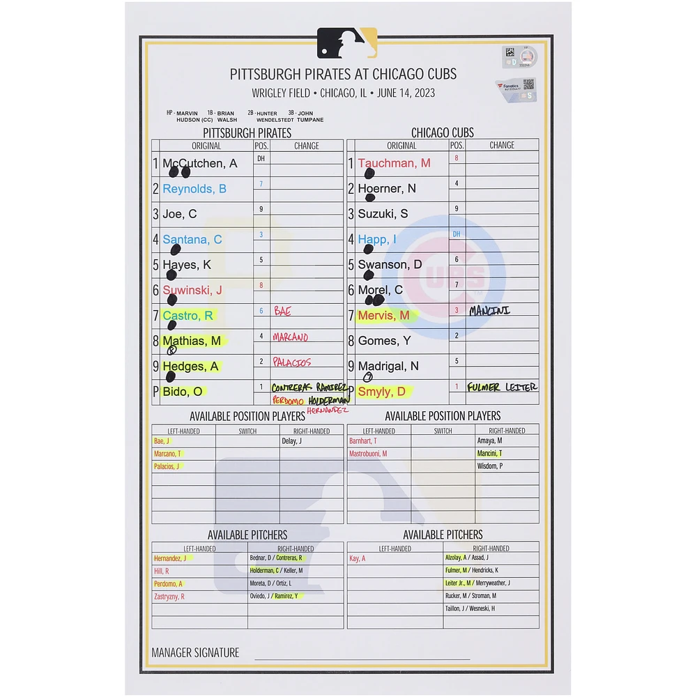 Pittsburgh Pirates Game-Used Lineup Card vs. Chicago Cubs on June 14, 2023