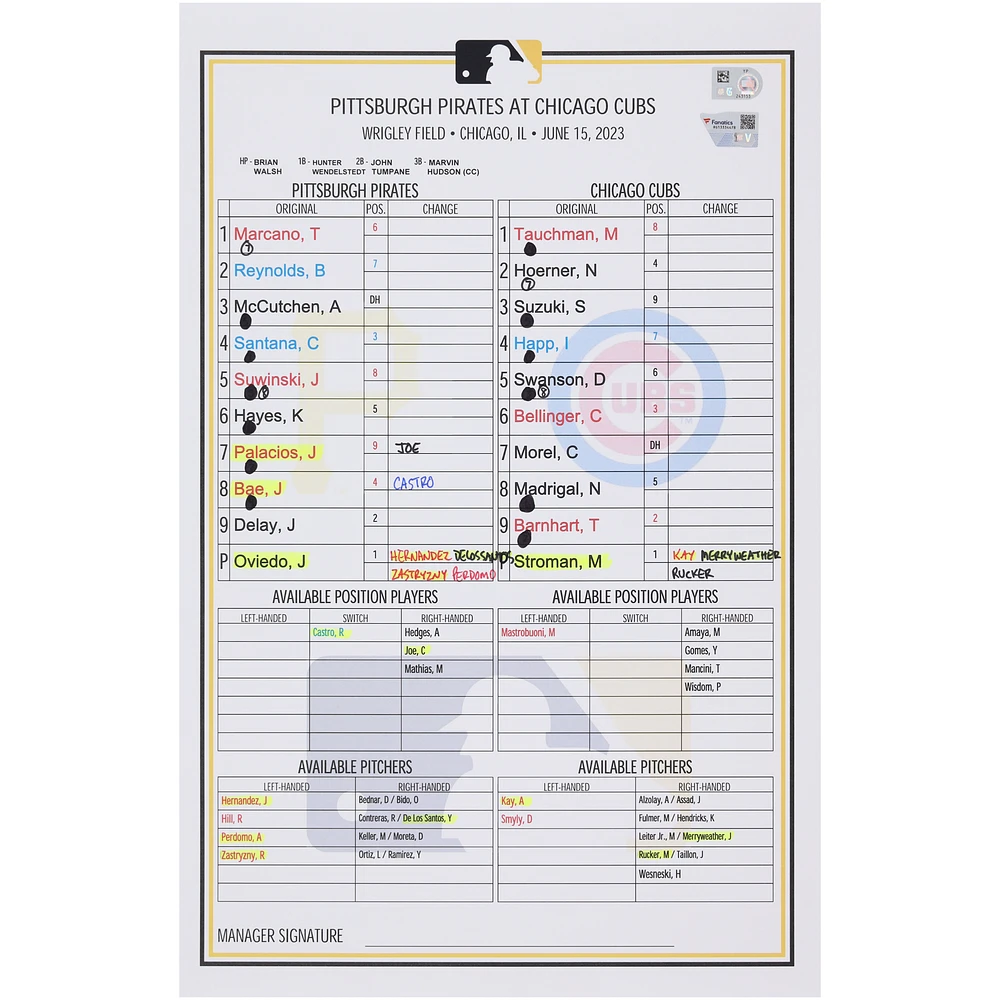 Pittsburgh Pirates Game-Used Lineup Card vs. Chicago Cubs on June 15, 2023