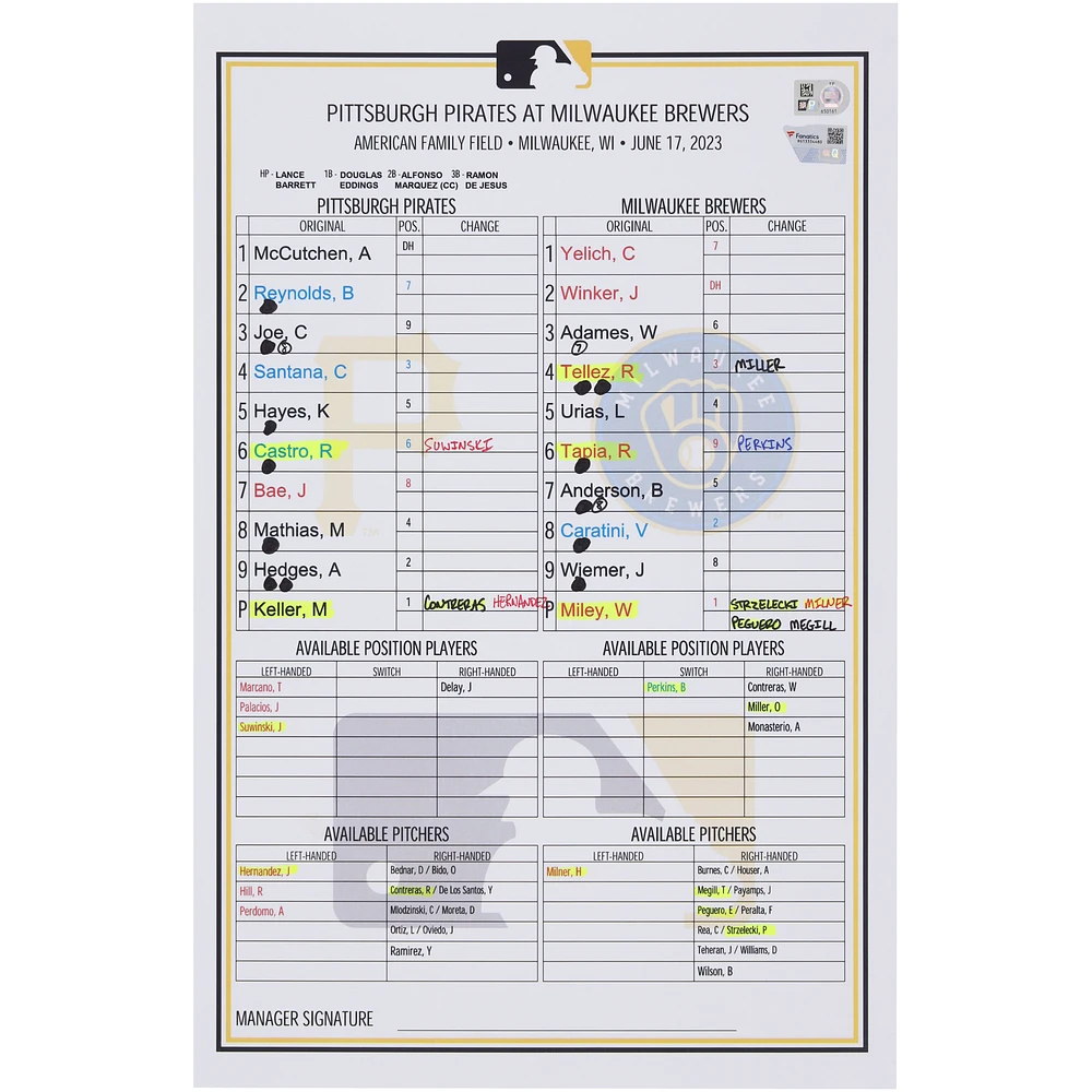 Pittsburgh Pirates Game-Used Lineup Card vs. Milwaukee Brewers on June 17, 2023