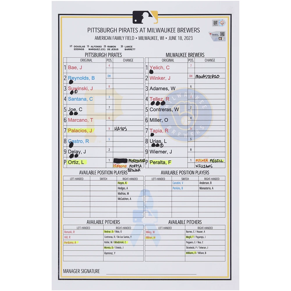 Pittsburgh Pirates Game-Used Lineup Card vs. Milwaukee Brewers on June 18, 2023