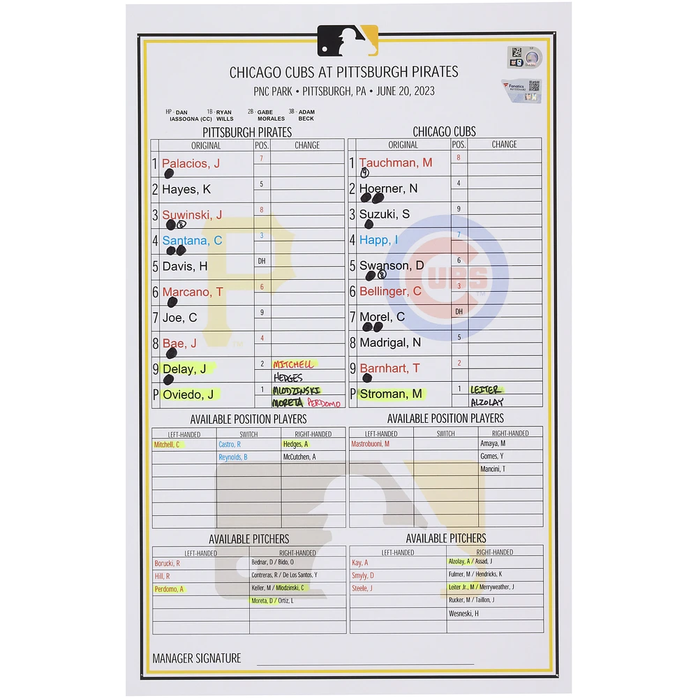 Pittsburgh Pirates Game-Used Lineup Card vs. Chicago Cubs on June 20, 2023
