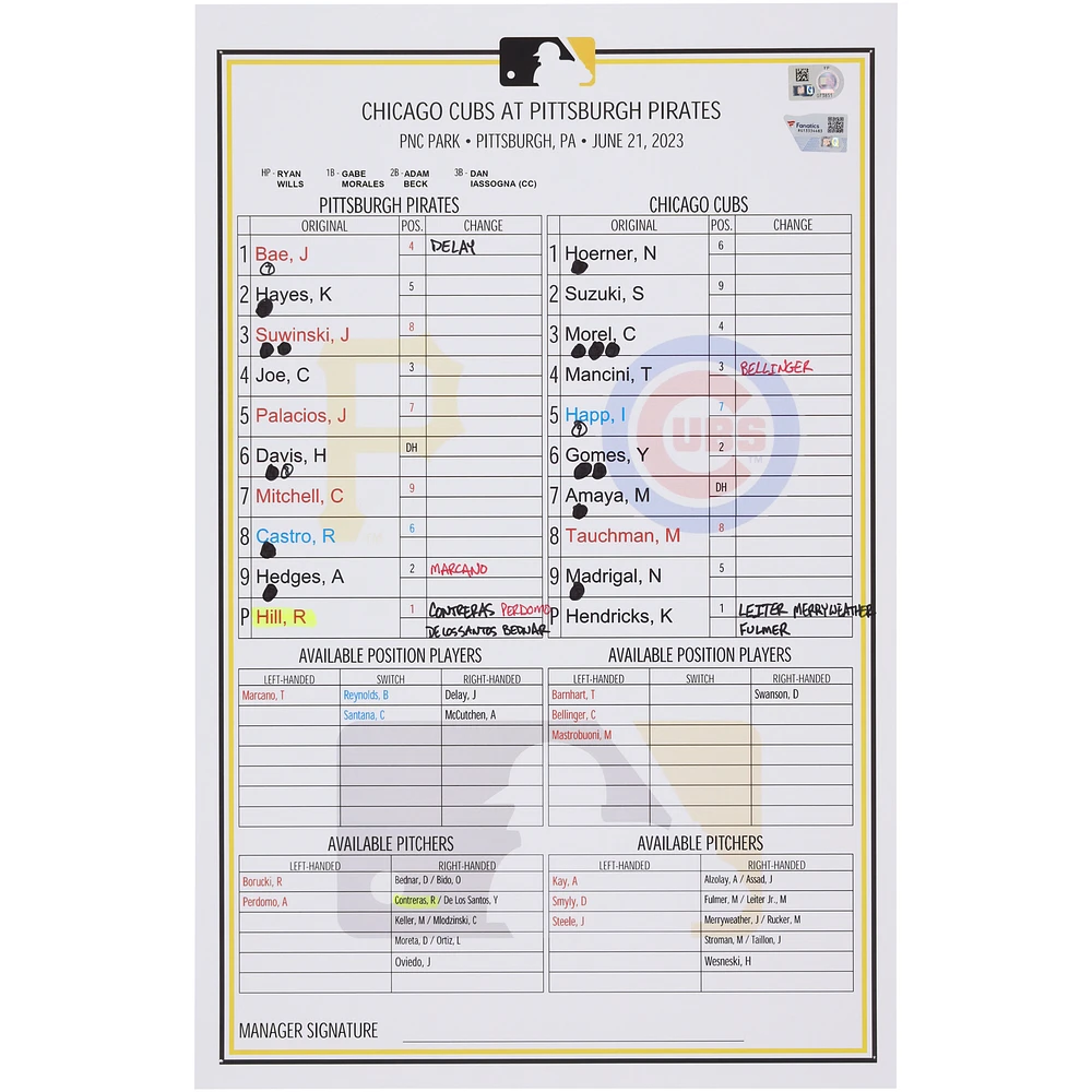 Pittsburgh Pirates Game-Used Lineup Card vs. Chicago Cubs on June 21, 2023