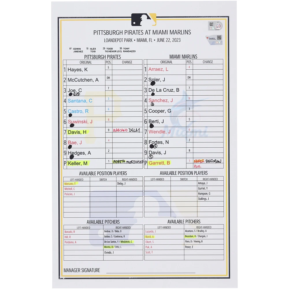 Pittsburgh Pirates Game-Used Lineup Card vs. Miami Marlins on June 22, 2023