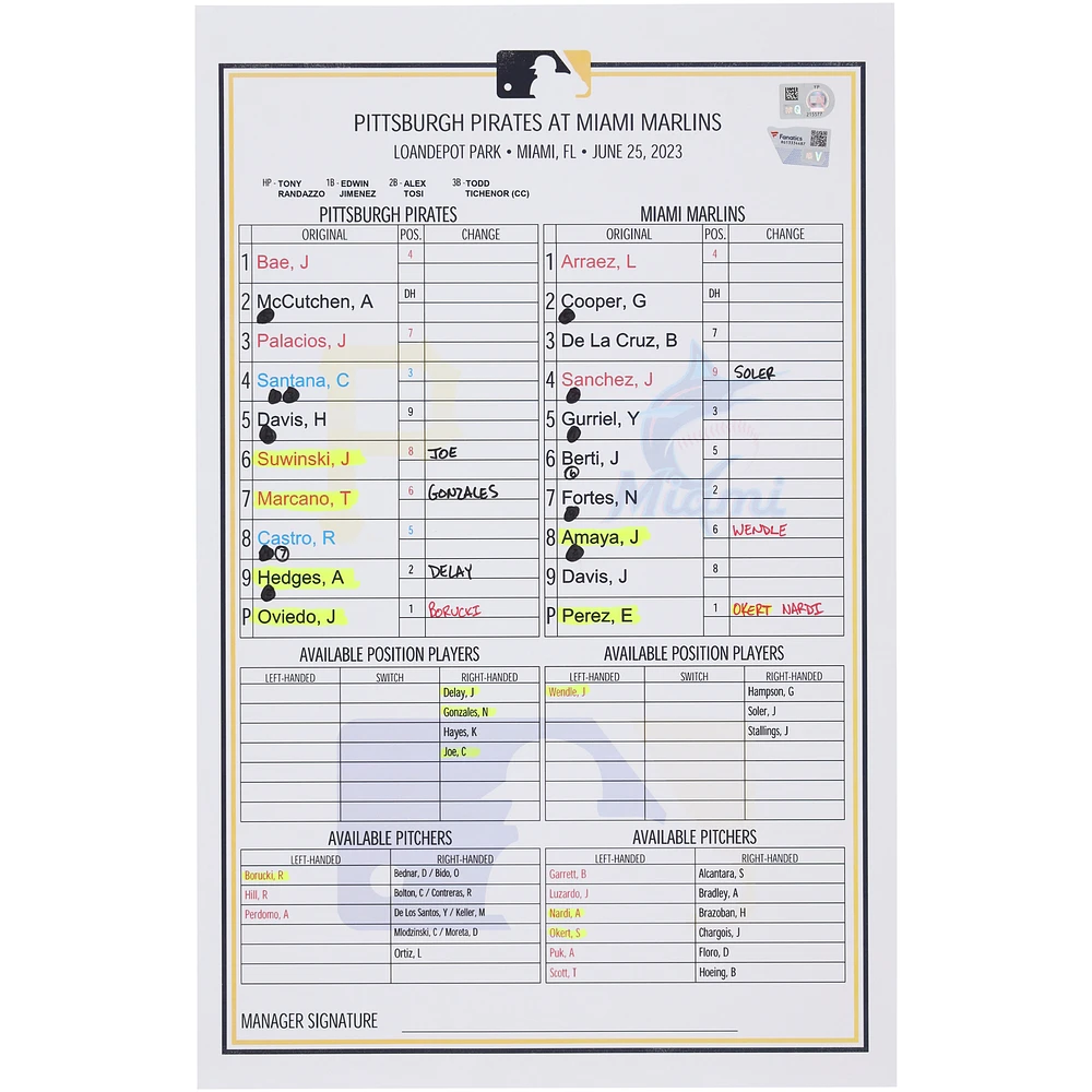 Pittsburgh Pirates Game-Used Lineup Card vs. Miami Marlins on June 25, 2023