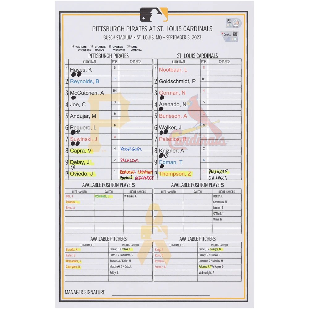 Pittsburgh Pirates Game-Used Lineup Card vs. St. Louis Cardinals on September 3, 2023
