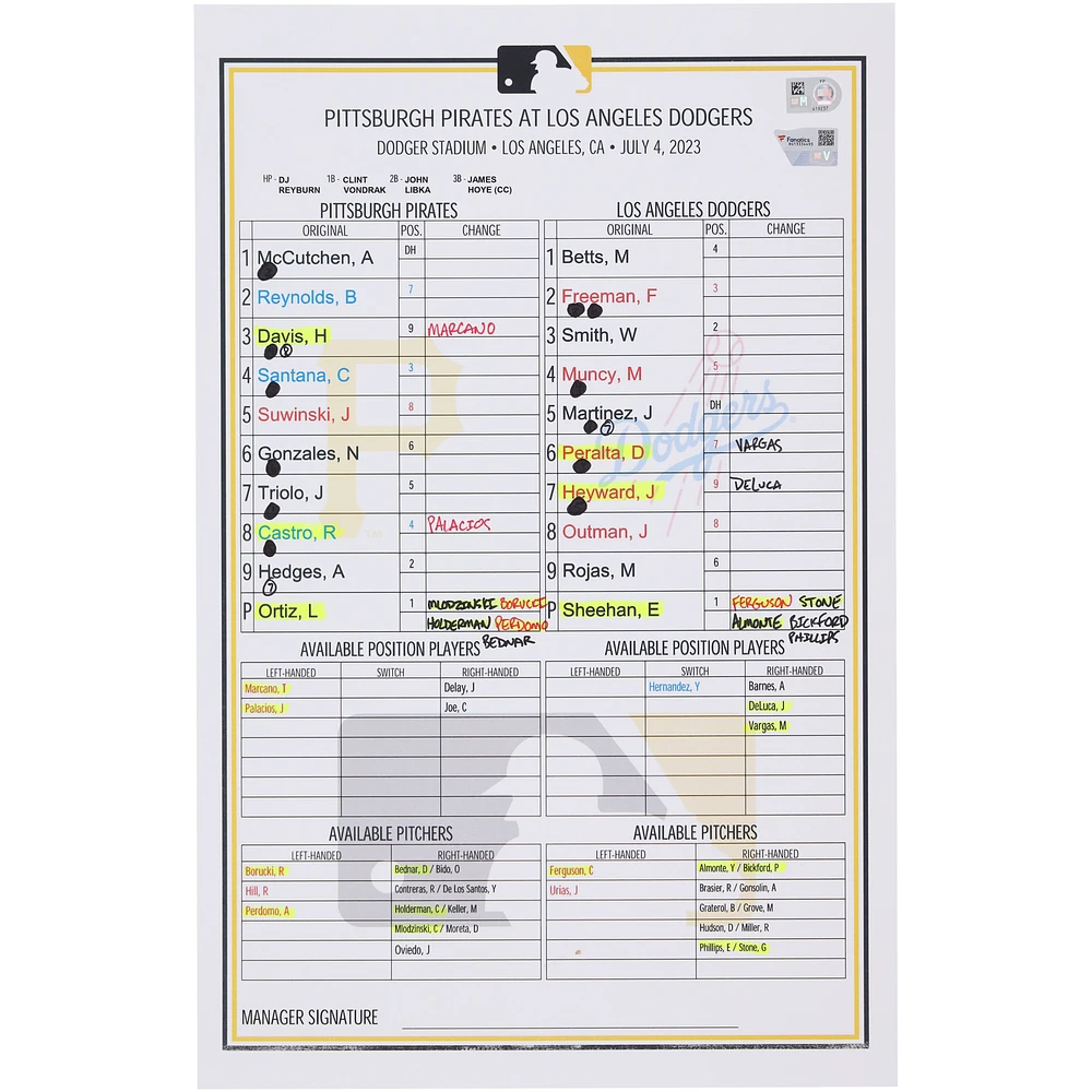 Pittsburgh Pirates Game-Used Lineup Card vs. Los Angeles Dodgers on July 4, 2023
