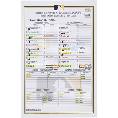 Pittsburgh Pirates Game-Used Lineup Card vs. Los Angeles Dodgers on July 4, 2023