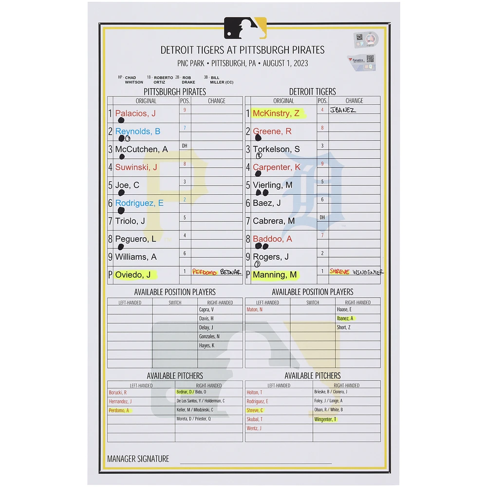 Pittsburgh Pirates Game-Used Lineup Card vs. Detroit Tigers on August 1, 2023