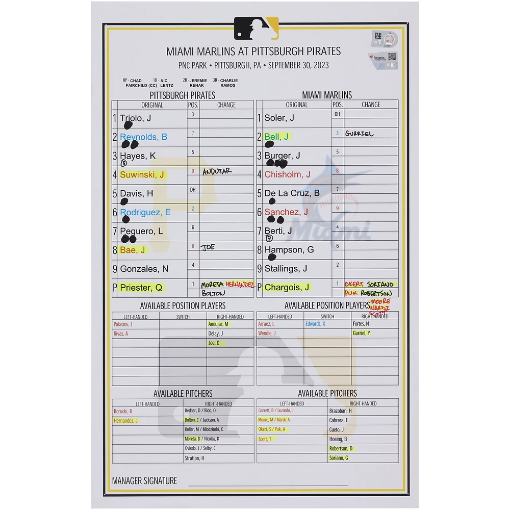 Pittsburgh Pirates Game-Used Lineup Card vs. Miami Marlins on September 30, 2023