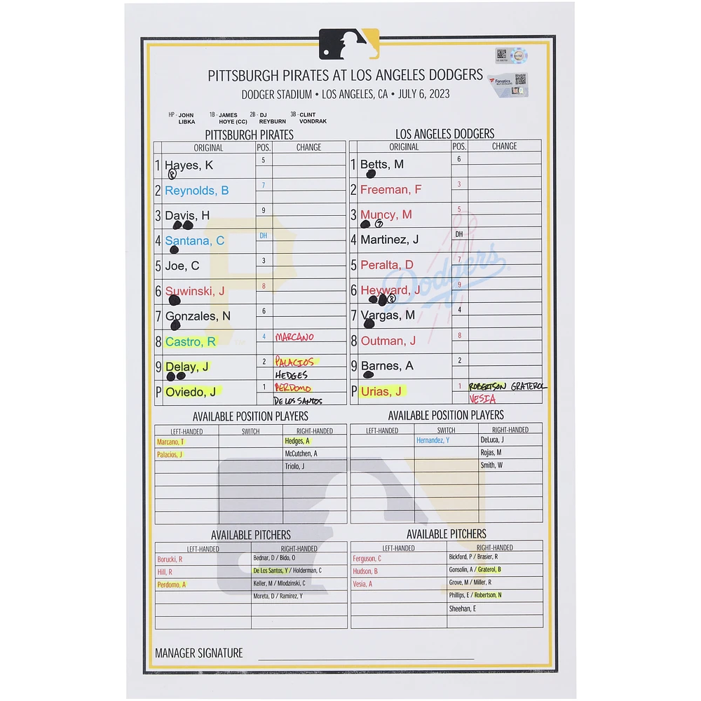 Pittsburgh Pirates Game-Used Lineup Card vs. Los Angeles Dodgers on July 6, 2023