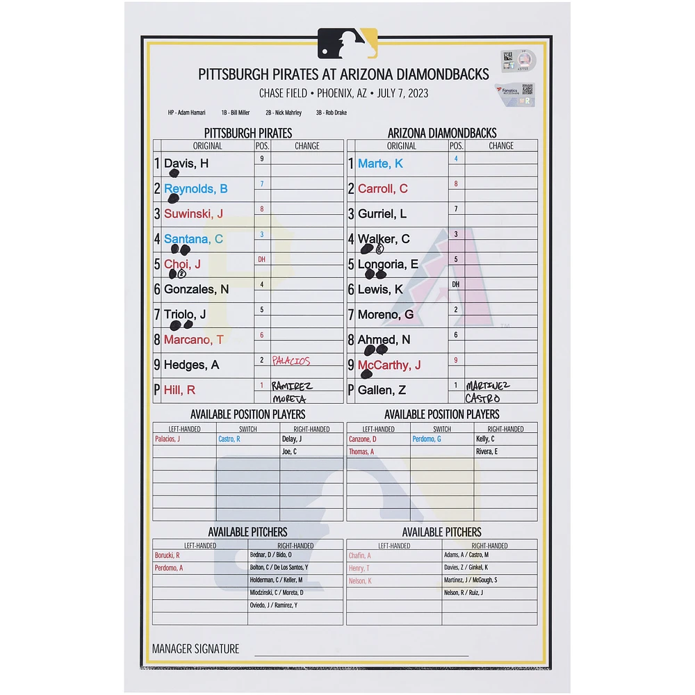 Pittsburgh Pirates Game-Used Lineup Card vs. Arizona Diamondbacks on July 7, 2023