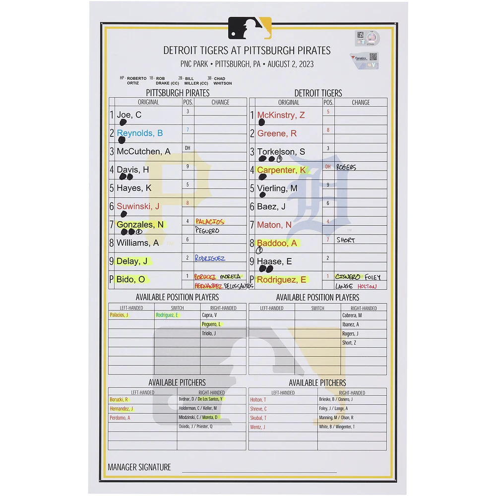 Pittsburgh Pirates Game-Used Lineup Card vs. Detroit Tigers on August 2, 2023