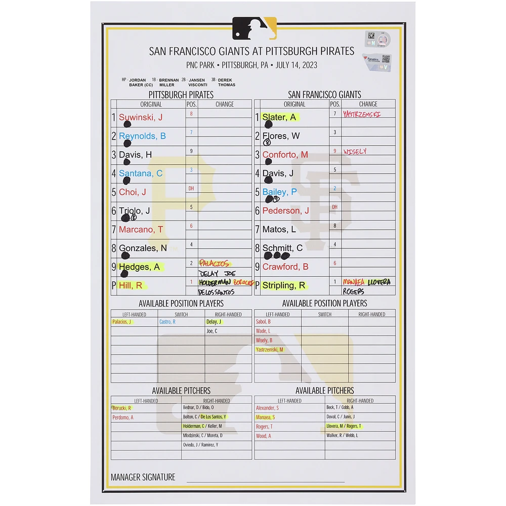 Pittsburgh Pirates Game-Used Lineup Card vs. San Francisco Giants on July 14, 2023