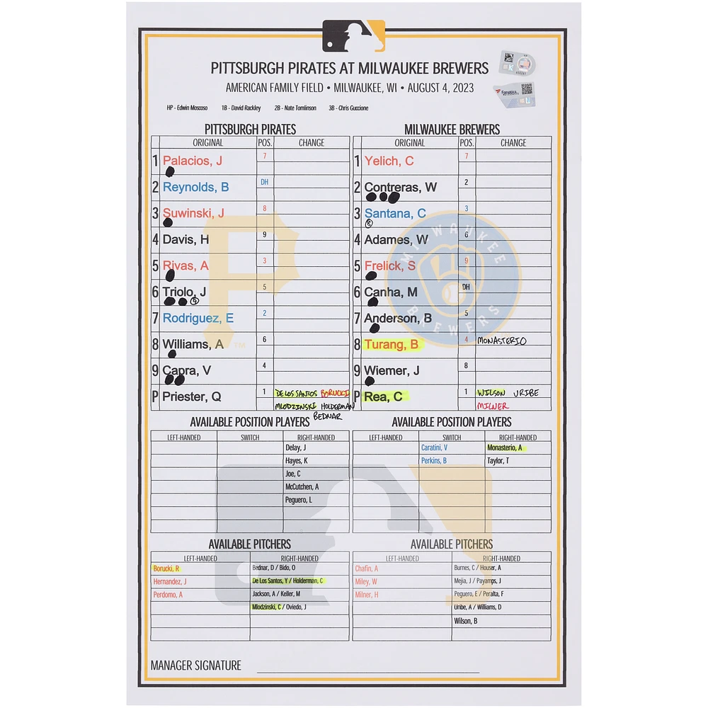 Pittsburgh Pirates Game-Used Lineup Card vs. Milwaukee Brewers on August 4, 2023
