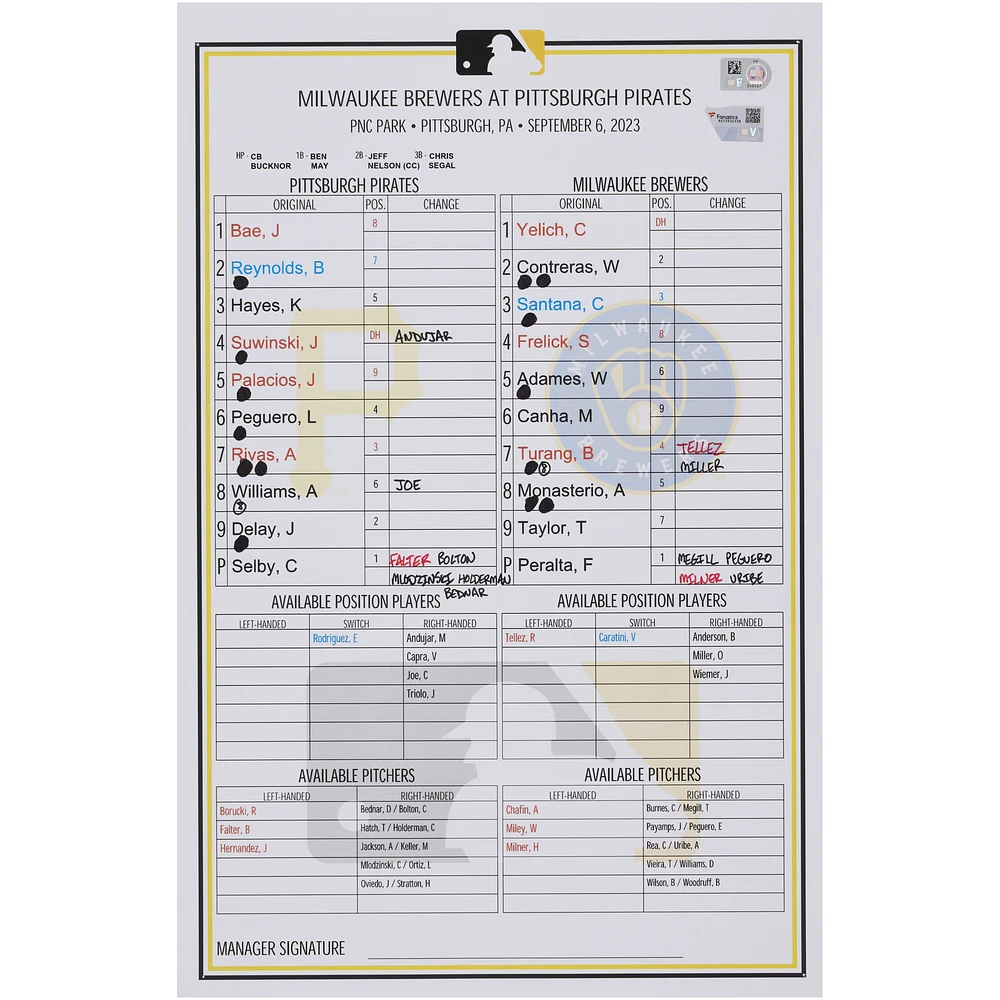 Pittsburgh Pirates Game-Used Lineup Card vs. Milwaukee Brewers on September 6, 2023