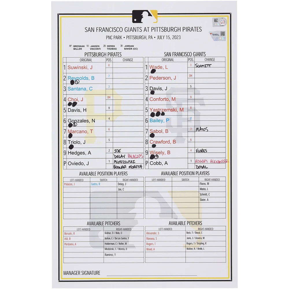 Pittsburgh Pirates Game-Used Lineup Card vs. San Francisco Giants on July 15, 2023