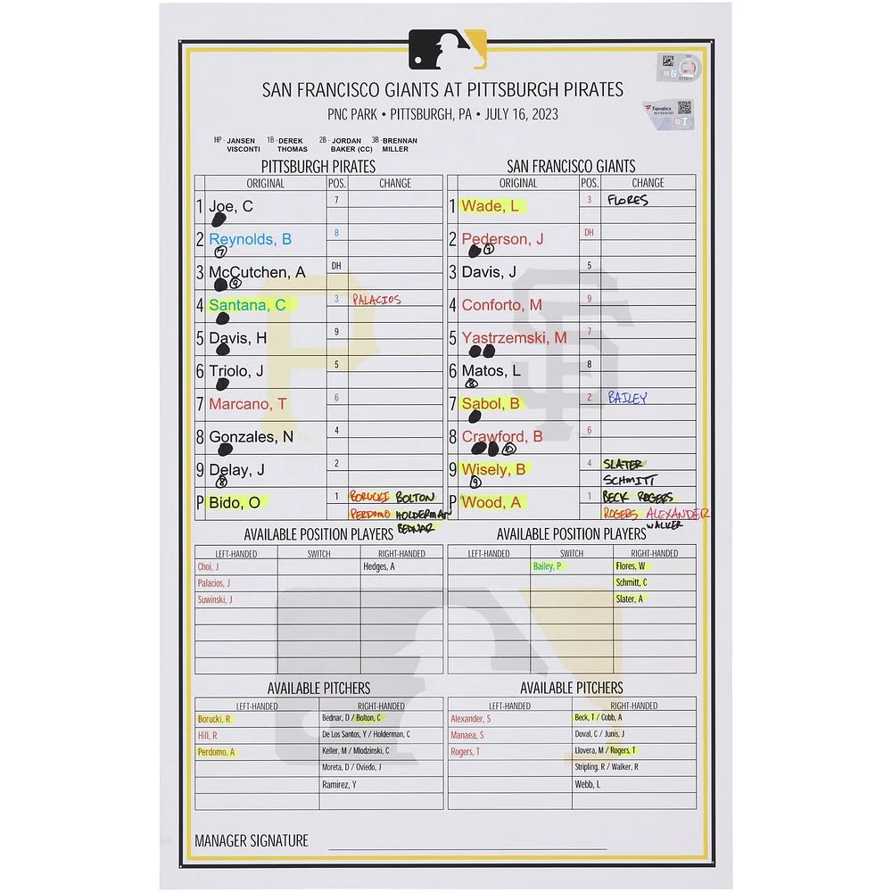 Pittsburgh Pirates Game-Used Lineup Card vs. San Francisco Giants on July 16, 2023