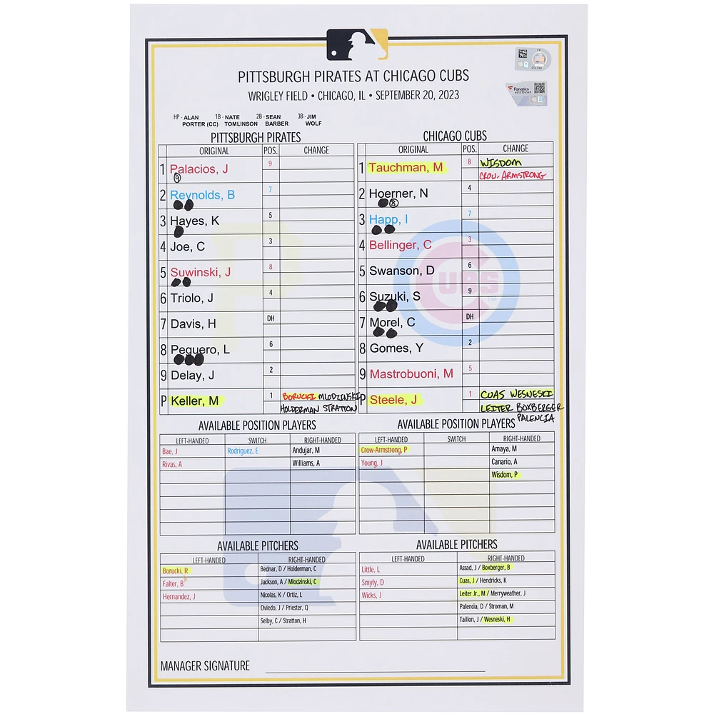 Pittsburgh Pirates Game-Used Lineup Card vs. Chicago Cubs on September 20, 2023