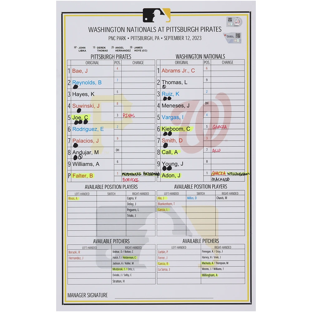 Pittsburgh Pirates Game-Used Lineup Card vs. Washington Nationals on September 12, 2023