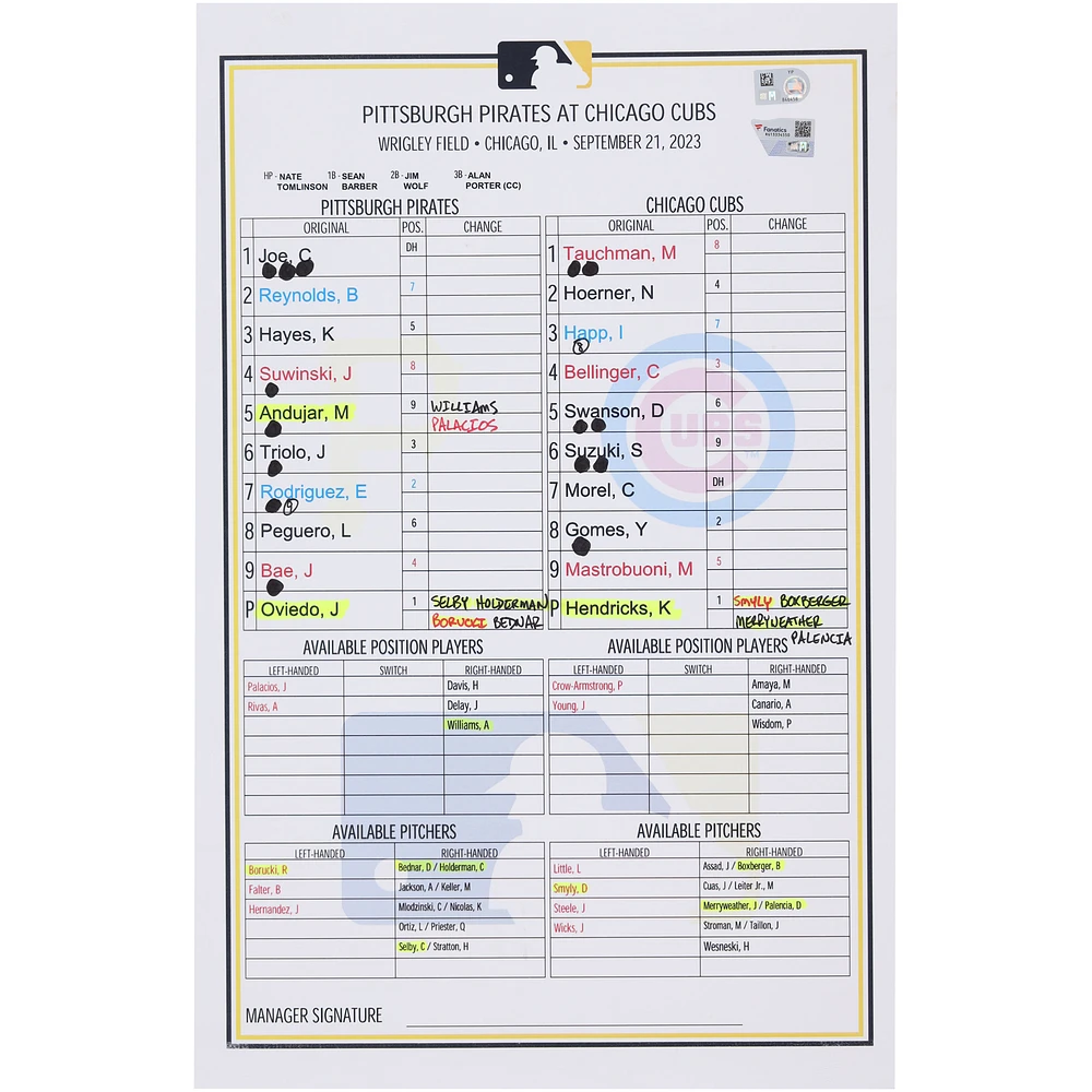 Pittsburgh Pirates Game-Used Lineup Card vs. Chicago Cubs on September 21, 2023