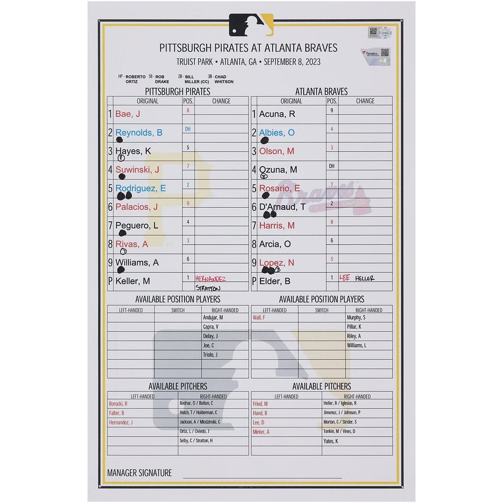 Pittsburgh Pirates Game-Used Lineup Card vs. Atlanta Braves on September 8, 2023