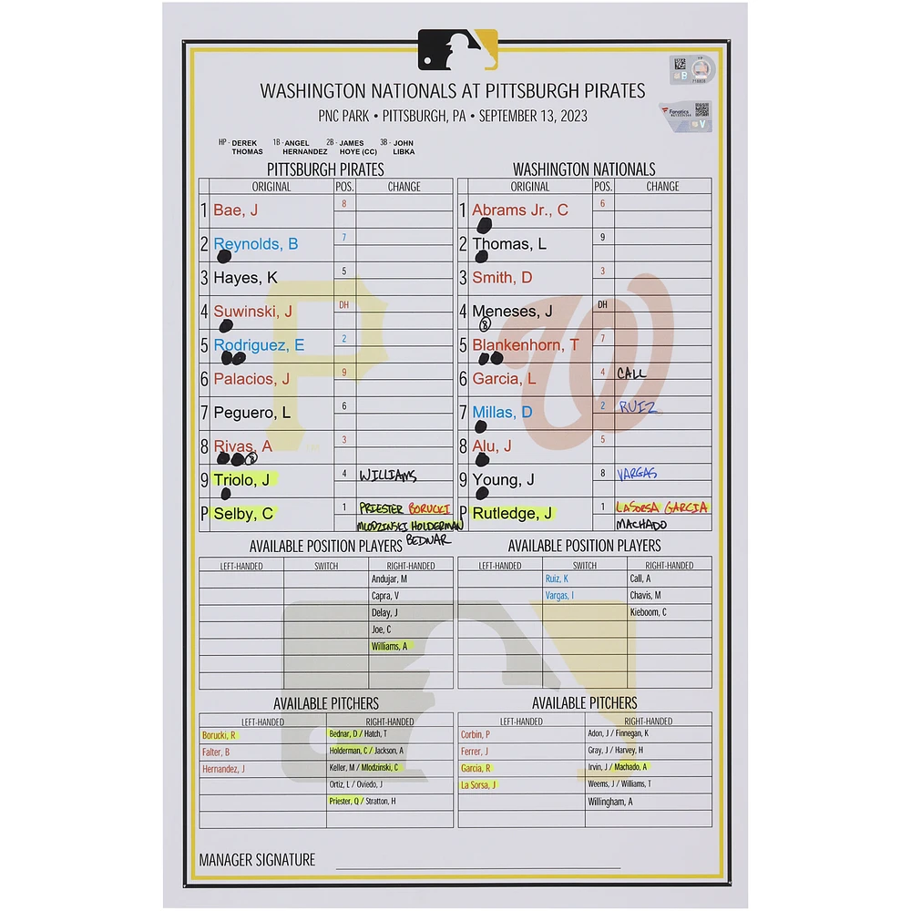 Pittsburgh Pirates Game-Used Lineup Card vs. Washington Nationals on September 13, 2023