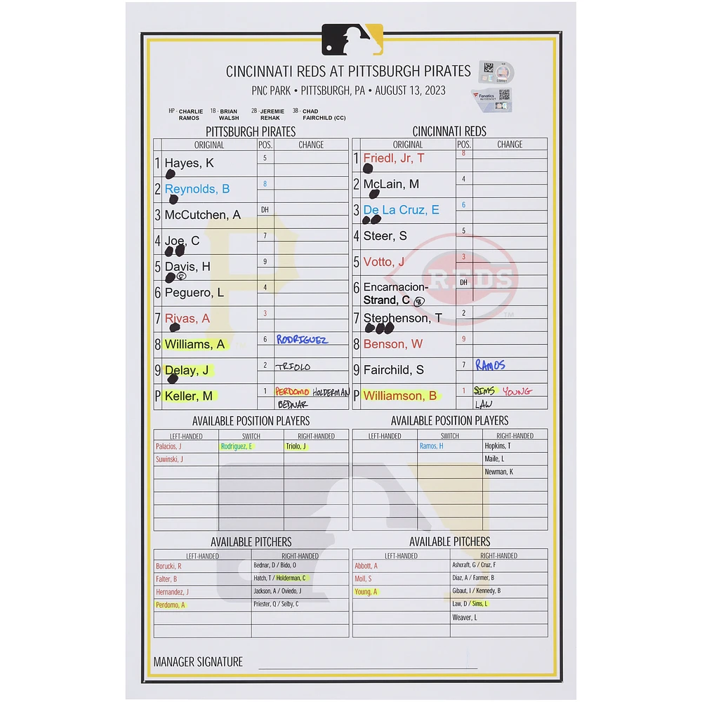 Pittsburgh Pirates Game-Used Lineup Card vs. Cincinnati Reds on August 13, 2023