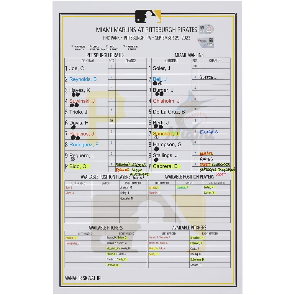 Pittsburgh Pirates Game-Used Lineup Card vs. Miami Marlins on September 29, 2023