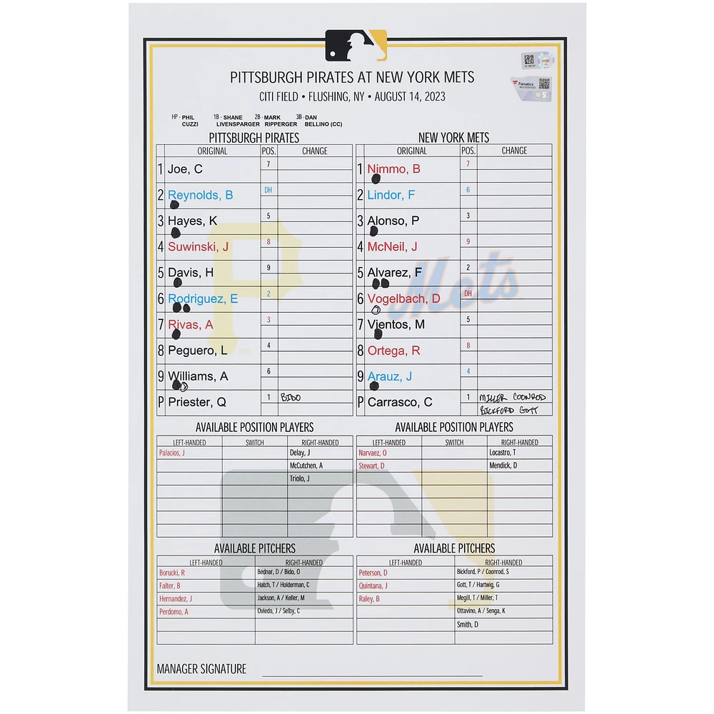 Pittsburgh Pirates Game-Used Lineup Card vs. New York Mets on August 14, 2023