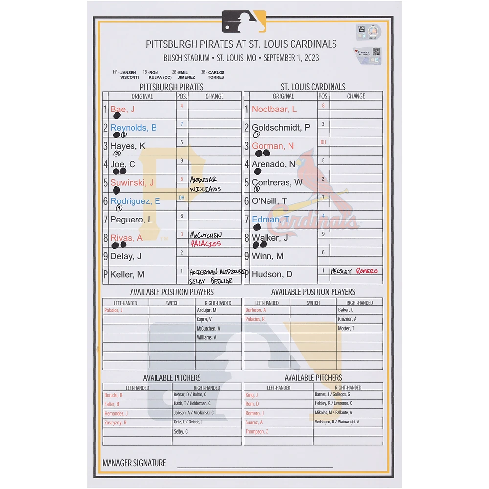 Pittsburgh Pirates Game-Used Lineup Card vs. St. Louis Cardinals on September 1, 2023