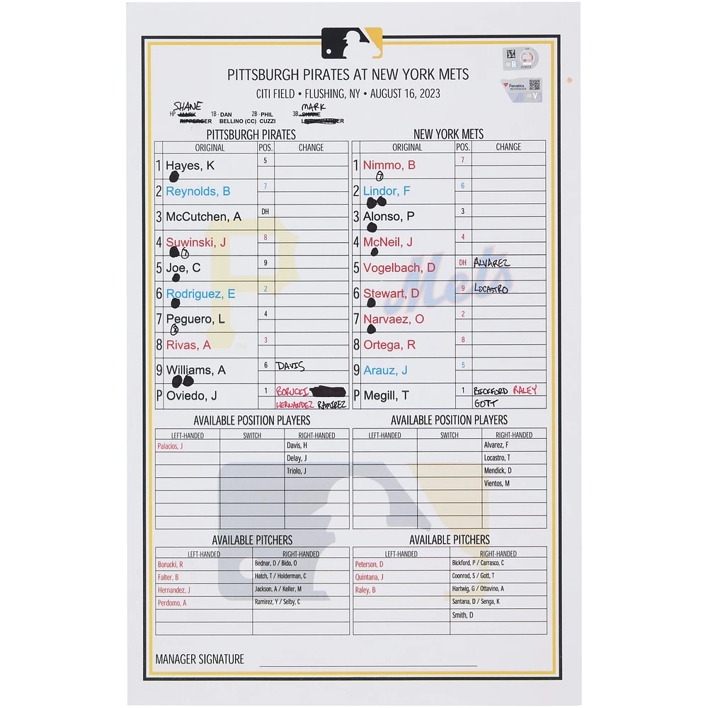 Pittsburgh Pirates Game-Used Lineup Card vs. New York Mets on August 16, 2023