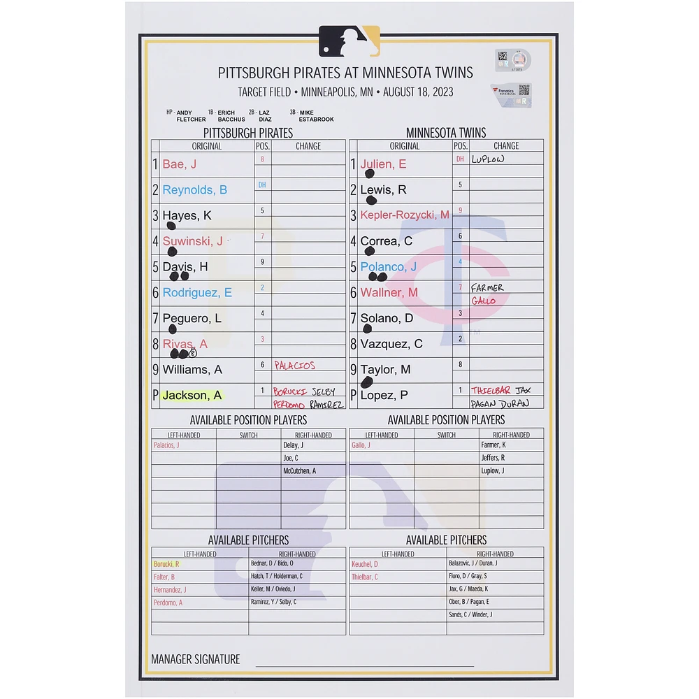 Pittsburgh Pirates Game-Used Lineup Card vs. Minnesota Twins on August 18, 2023