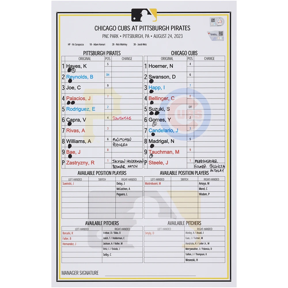 Pittsburgh Pirates Game-Used Lineup Card vs. Chicago Cubs on August 24, 2023