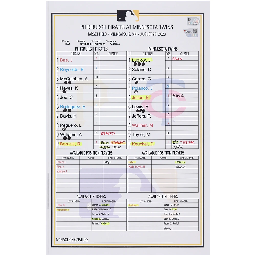 Pittsburgh Pirates Game-Used Lineup Card vs. Minnesota Twins on August 20, 2023