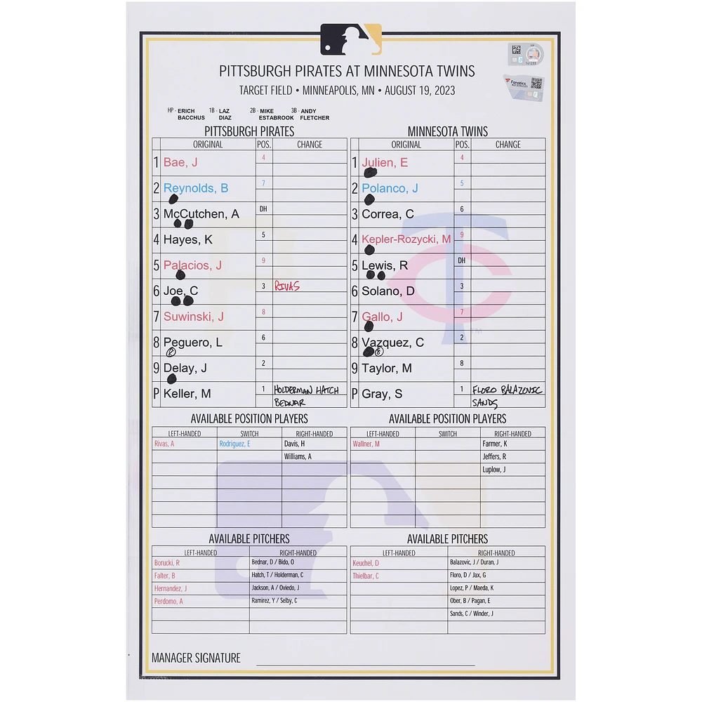 Pittsburgh Pirates Game-Used Lineup Card vs. Minnesota Twins on August 19, 2023