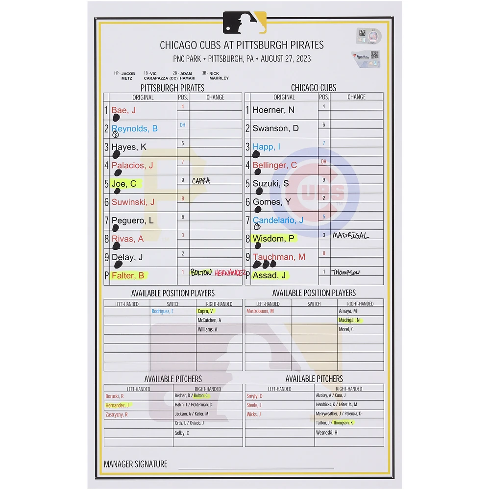 Pittsburgh Pirates Game-Used Lineup Card vs. Chicago Cubs on August 27, 2023