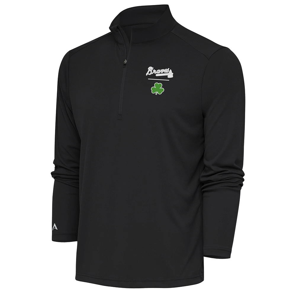 Men's Antigua Charcoal Atlanta Braves Shamrock Tribute Quarter-Zip Pullover Top