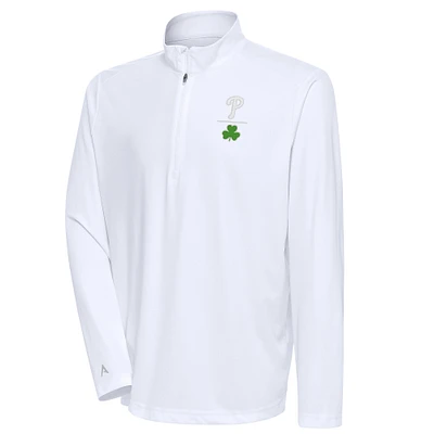 Men's Antigua White Philadelphia Phillies Shamrock Tribute Quarter-Zip Pullover Top