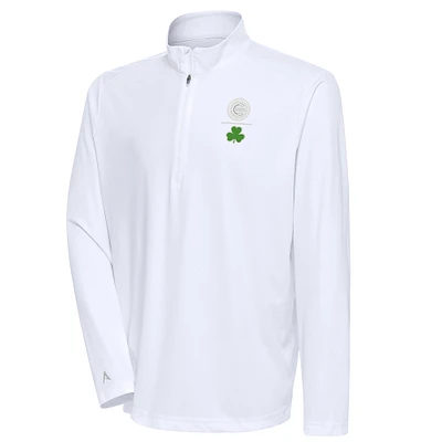 Men's Antigua White Chicago Cubs Shamrock Tribute Quarter-Zip Pullover Top