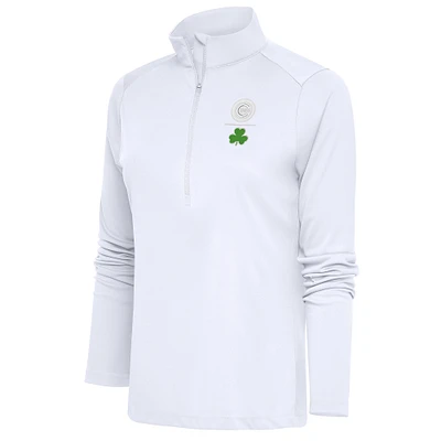 Women's Antigua White Chicago Cubs Shamrock Tribute Half-Zip Pullover Top