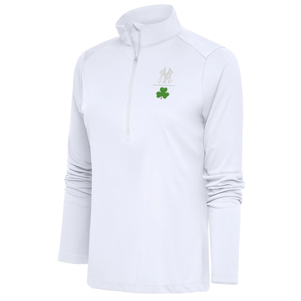 Women's Antigua White New York Yankees Shamrock Tribute Half-Zip Pullover Top