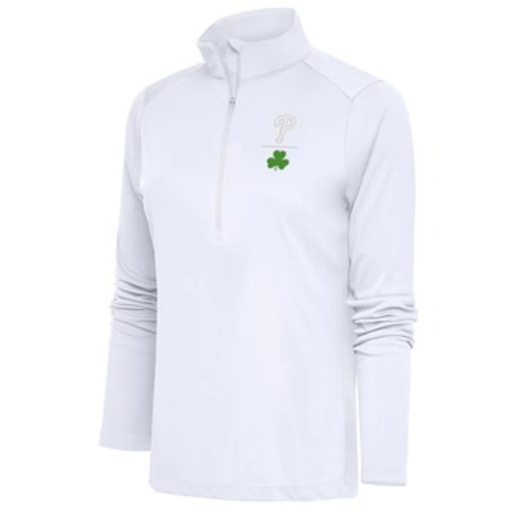 Women's Antigua White Philadelphia Phillies Shamrock Tribute Half-Zip Pullover Top