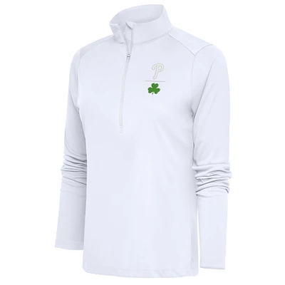 Women's Antigua White Philadelphia Phillies Shamrock Tribute Half-Zip Pullover Top
